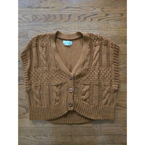 Anthropologie Cable Knit Button Up Sweater Vest Oversized Golden Brown Size XS - Picture 1 of 7